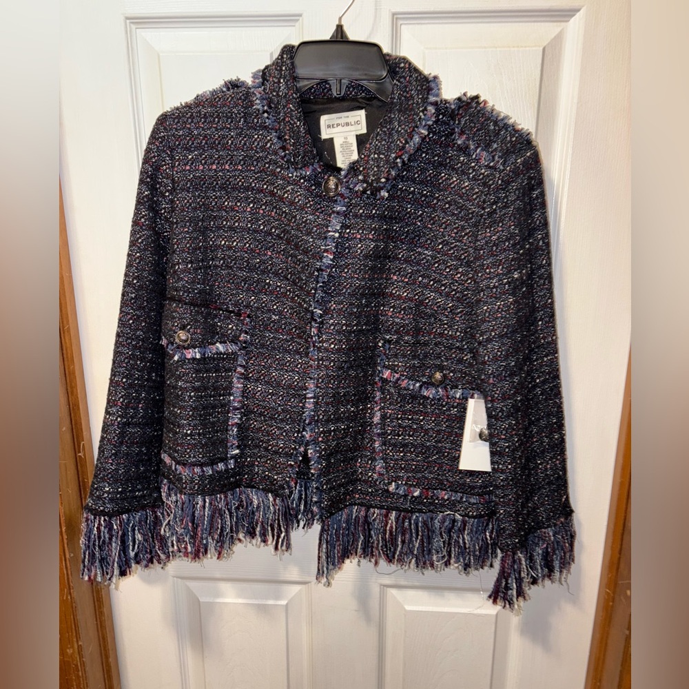 For The Republic Tweed Fringe Blazer Jacket 10 NWT